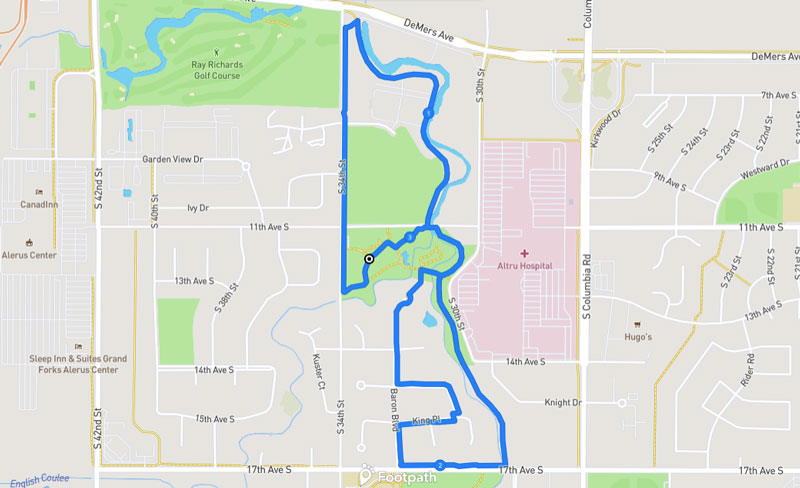 A map of the GGFYP 5K route starting and ending at Sertoma Park in Grand Forks.